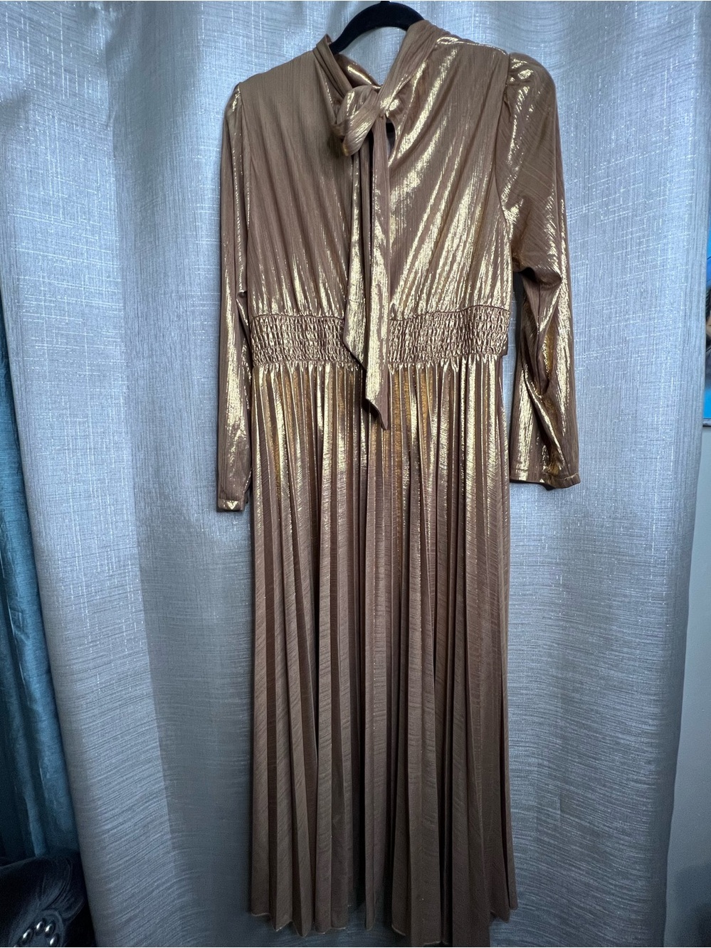 SHEIN Metallic Bronze Long Sleeve Maxi Dress with Neck Tie